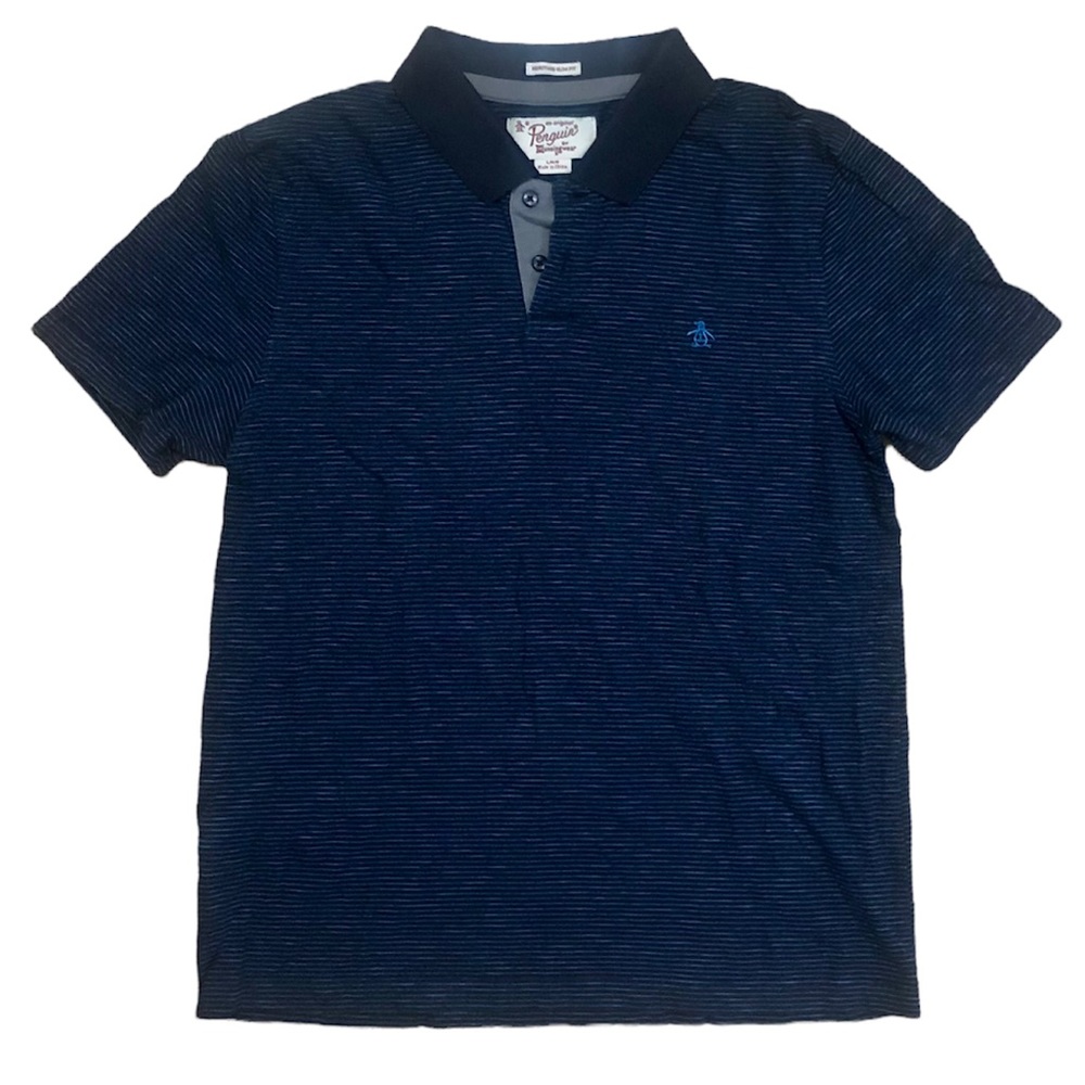 Original Penguin blue striped slim fit polo shirt, large
